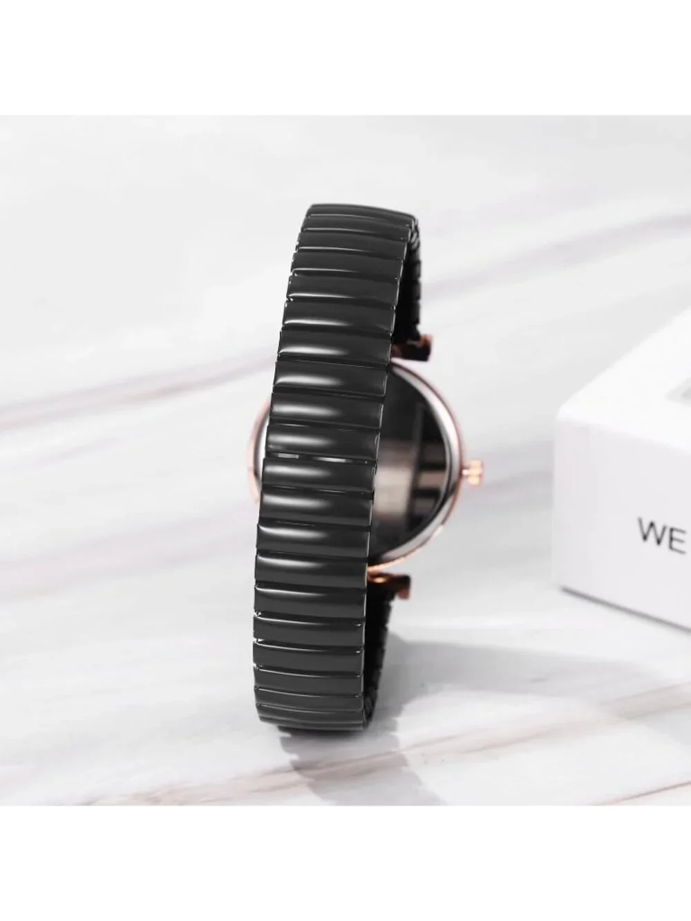 Women's All Black Analog Elastic Strap Arabic Numerals Waterproof Wrist Watch